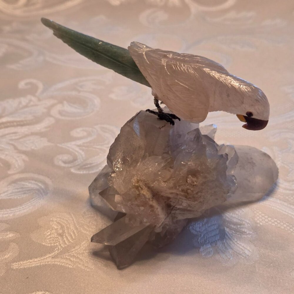 Vintage 1950s Hand Carved Small Gemstone Parrot on A Perch
